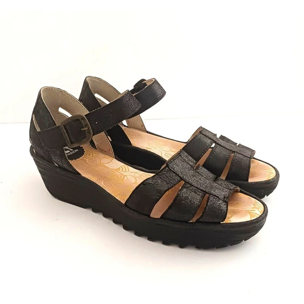 FLY London Rese730Fly Blk Leather Strappy Wedge Sandal Ankle Strap 39/8-8.5
